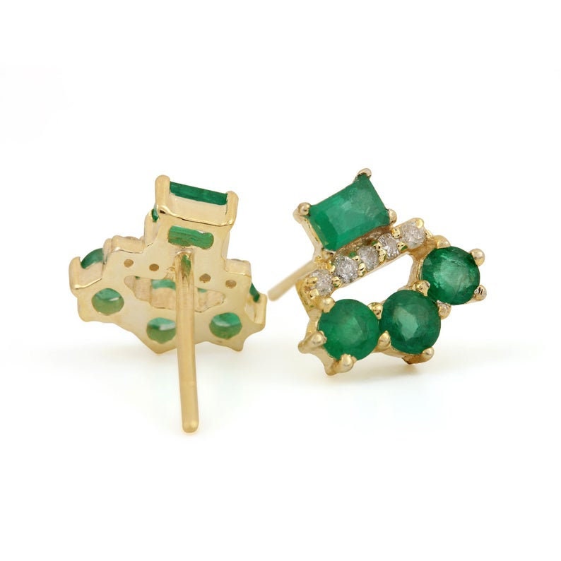 14k Gold Emerald Diamond Earrings/Square Studs/Stud Earrings/Dainty Stud Earrings/Small Stud Earrings/Tiny Stud Earrings/Minimalist Earrings image 2