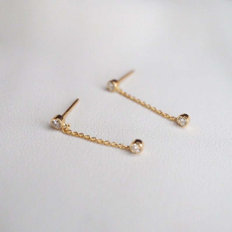 14k Diamond Drop Earrings/Rose Gold Dangle Earrings/Tiny Diamond Dangle Earrings/Solid Gold Dangle Earring/14k Dainty Chain Earrings image 4