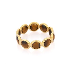 14kt Gold Tiger Eye Band Ring: Round Cabochon Gemstone