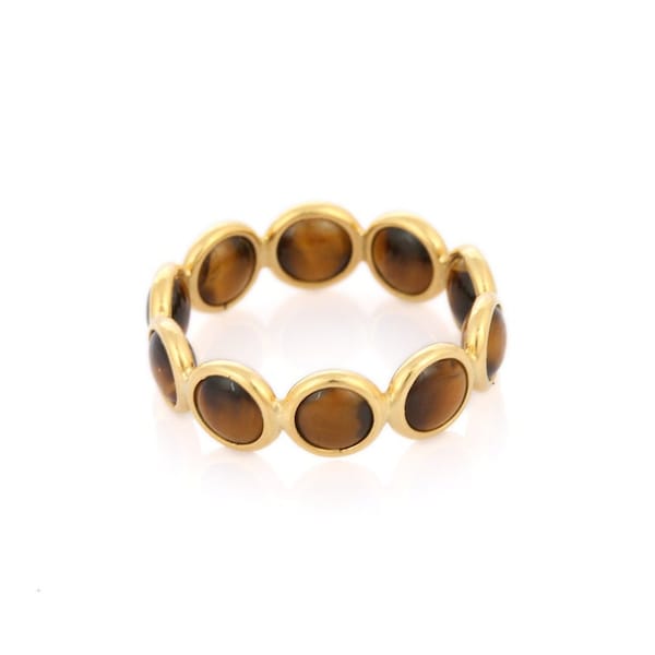 14kt Gold Tiger Eye Band Ring: Round Cabochon Gemstone