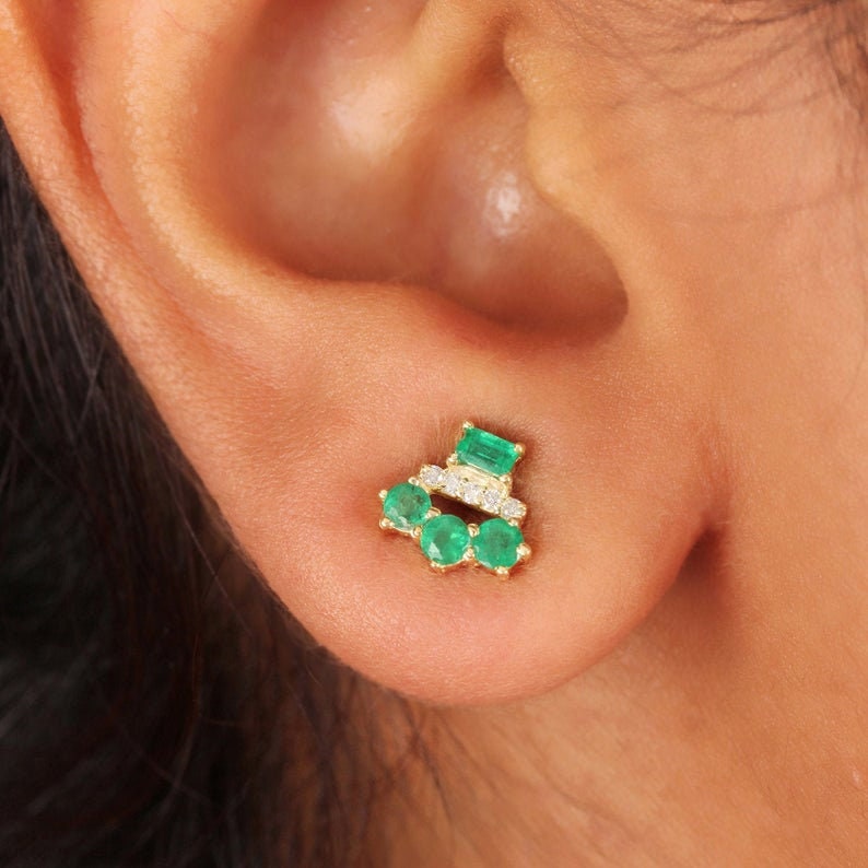 14k Gold Emerald Diamond Earrings/Square Studs/Stud Earrings/Dainty Stud Earrings/Small Stud Earrings/Tiny Stud Earrings/Minimalist Earrings image 3