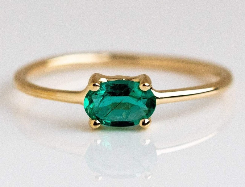 Emerald Ring / 14k Gold Single Emerald 0.16ctw Engagement Ring / Emerald Gemstone Ring / Stacking Natural Emerald Ring / Holiday Sale image 2
