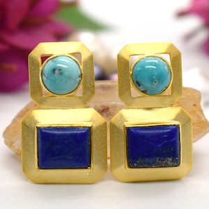 Turquoise Lapis Lazuli Earrings: 925 Sterling Silver Gemstone Dangle
