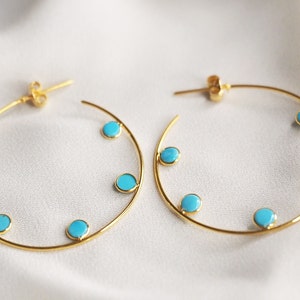 Natural Turquoise 14k Gold Earrings / Turquoise Hoop Earrings / Solid Gold Earrings / Gift For Her / Gift For Wife / Handmade Cute Jewelry image 2