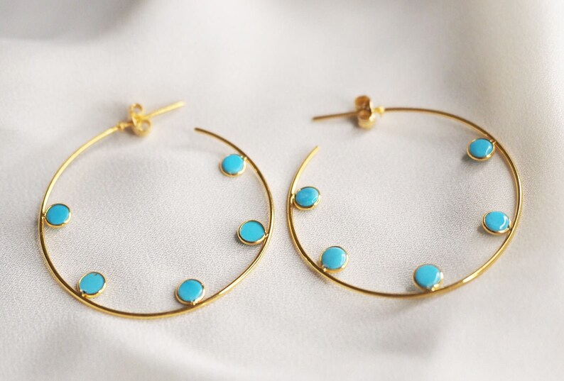 Natural Turquoise 14k Gold Earrings / Turquoise Hoop Earrings / Solid Gold Earrings / Gift For Her / Gift For Wife / Handmade Cute Jewelry image 2