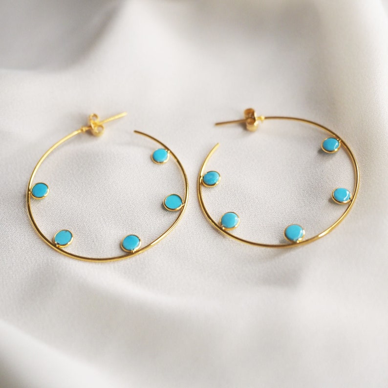 Natural Turquoise 14k Gold Earrings / Turquoise Hoop Earrings / Solid Gold Earrings / Gift For Her / Gift For Wife / Handmade Cute Jewelry image 1