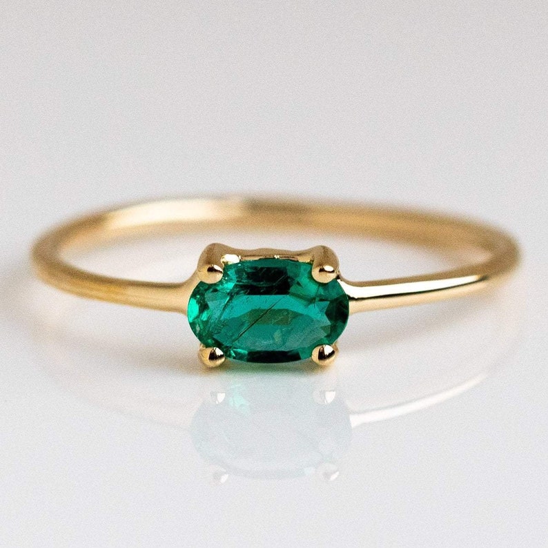 Emerald Ring / 14k Gold Single Emerald 0.16ctw Engagement Ring / Emerald Gemstone Ring / Stacking Natural Emerald Ring / Holiday Sale image 1