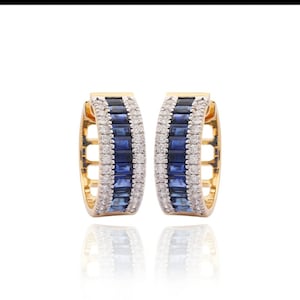 18k Gold Sapphire Huggie Earrings: Natural Diamond Accent