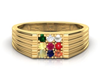 14k Gold Navratana Ring Stone Solitaire Rings 14K Yellow Gold Diamond Jewelry For Christmas Gift Birthstone Gems-Astrologer Gems