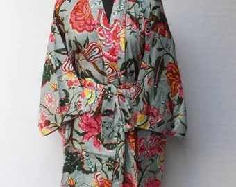 Handmade floral print Cover up Bath Robes,Beach Wear Dress Gift for her Wedding Bridal Robe Bridesmaids Sleepwear Long Cotton Kimono