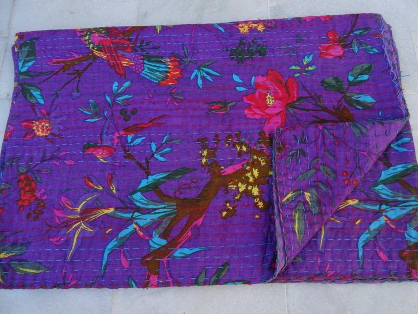 Indian Vintage Kantha Quilt Reversible Bedspread Blanket Etsy