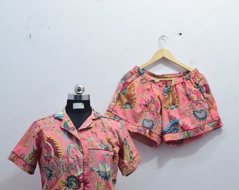 Indian Print Women's Short Pyjamas Set, Indian 100% Cotton Loungewear, PJ sets for Bridesmaid, Gift , Night Cozy Wear