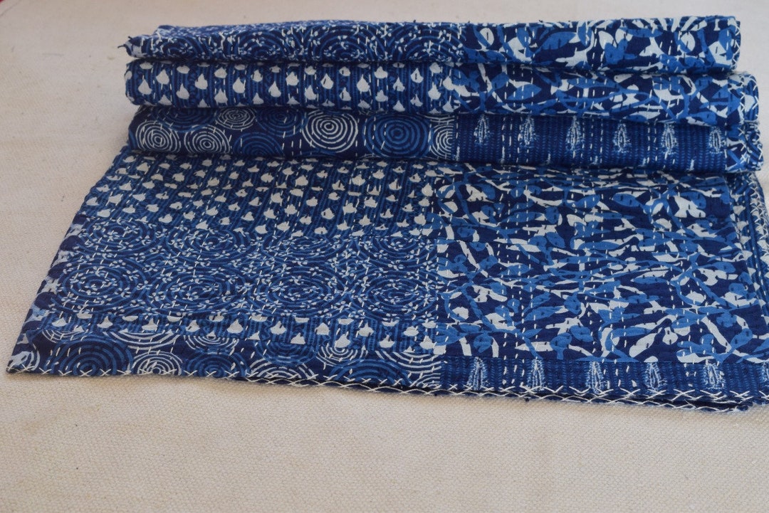 Indian Bedspread Patch Work Indigo Blue Blanket Throw Queen - Etsy