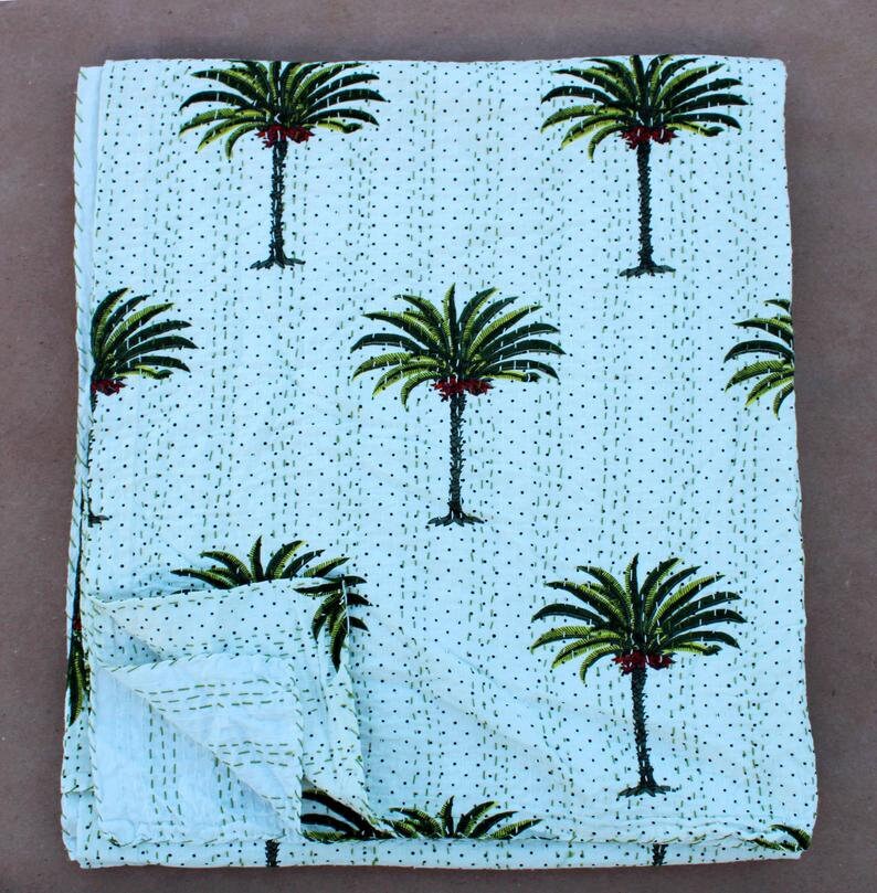 New Palm Tree Kantha Quilt Pure Cotton Kantha Bedspread Palm Etsy