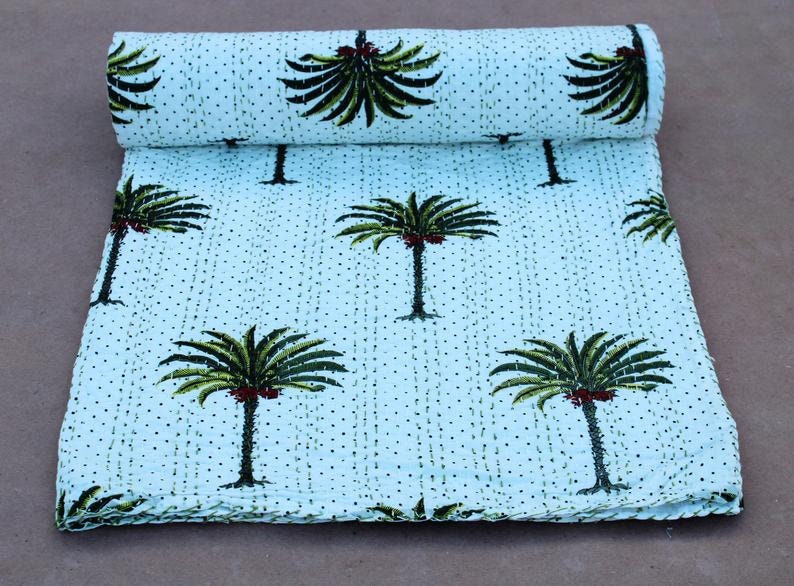 New Palm Tree Kantha Quilt Pure Cotton Kantha Bedspread Palm Etsy