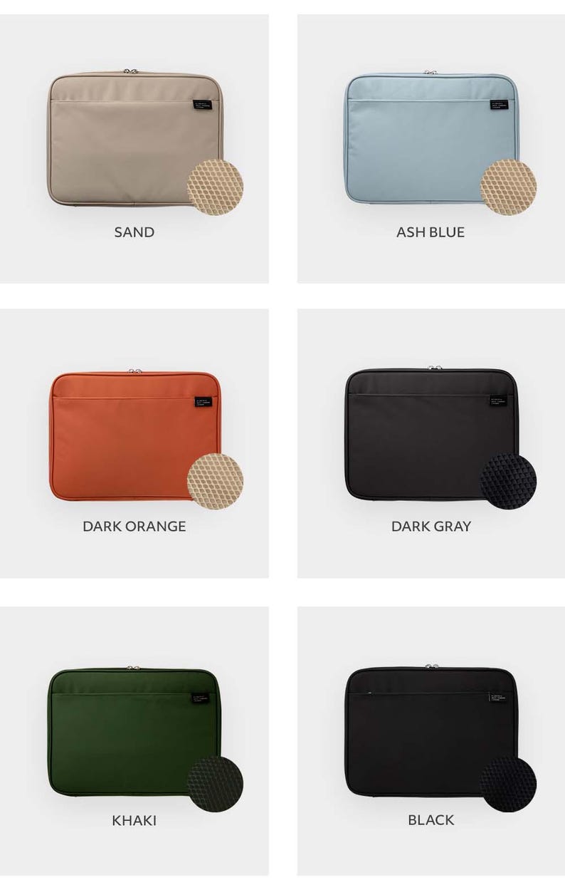 May include: Six laptop sleeves in a variety of colours: sand, ash blue, dark orange, dark grey, khaki, and black. Each sleeve features a zipper closure and a small pocket on the front. The sleeves are lined with a soft, padded material to protect your laptop.