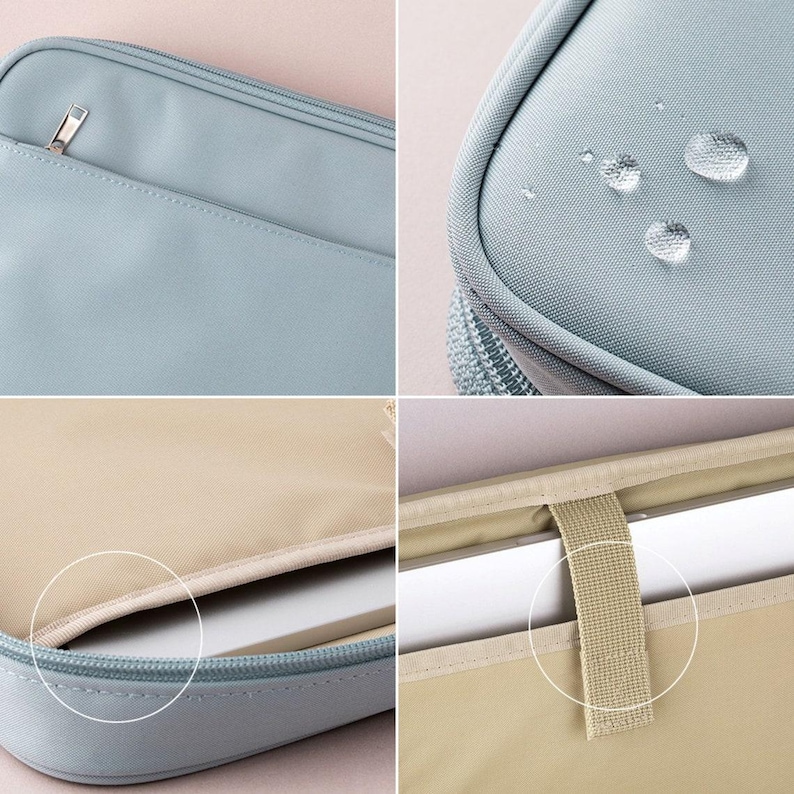 May include: A light blue zipped pouch with a strap. The pouch is water resistant and has a soft, beige lining. The pouch is designed to hold a laptop or tablet.
