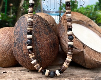 Coconut Necklace - Surfer Style Necklace - Boho Choker - Mens Beaded Necklace - Tribal Jewelry - Wooden Necklace - Native - Birthday Gift