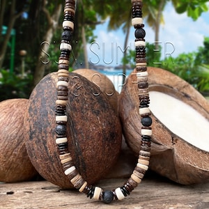 Coconut Necklace - Surfer Style Necklace - Boho Choker - Mens Beaded Necklace - Tribal Jewelry - Wooden Necklace - Native - Birthday Gift