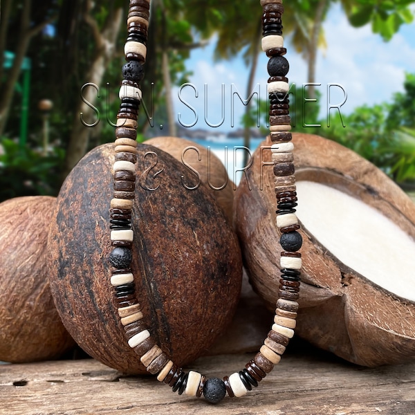 Collier en noix de coco - collier style surfeur - tour de cou bohème - collier de perles pour homme - bijoux tribaux - collier en bois - indigène - cadeau d'anniversaire