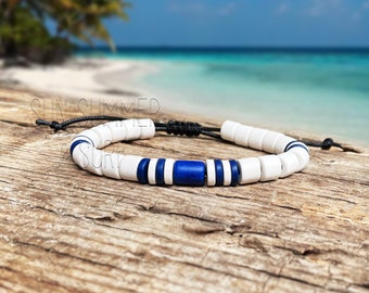 Terracotta Bracelet - Mens Beaded Surf Bracelet - White And Blue Surfer Style Bracelet - Ceramic Jewelry - Ajustable Bracelet For Women