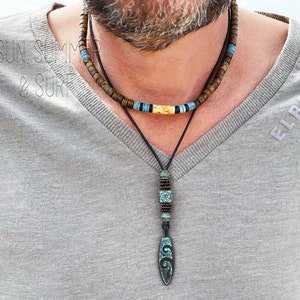 Set Of 2 Surfer Necklaces - Surfboard Charm Necklace And Terracotta Choker - Patina Jewelry - Necklaces For Women - Mens Beaded Necklace