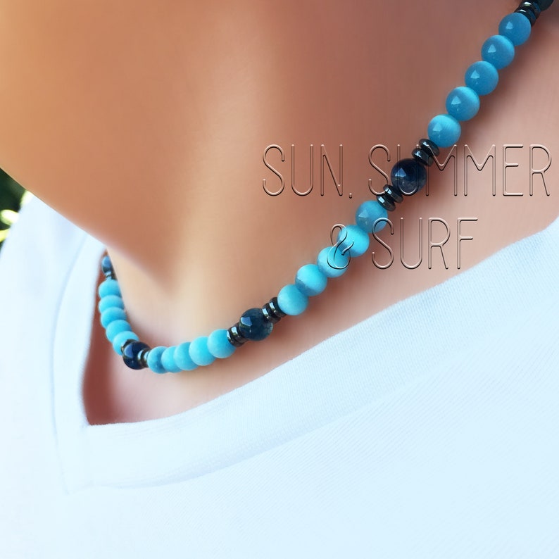 Surfer Necklace Mens Bead Necklace Blue Cat Eye Stone Etsy
