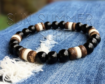 Surfer Bracelet - Coconut And Onyx Bracelet - Beach Jewelry - Surf Bracelet - Wooden Bracelet - Stone Beads Bracelet - Stacking Bracelet