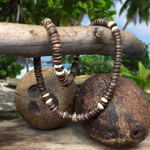 Collier de style surfeur - Collier de noix de coco - Collier de perles pour homme - Collier en bois - Collier femme - Collier de surf - Boho - Bijoux tribaux