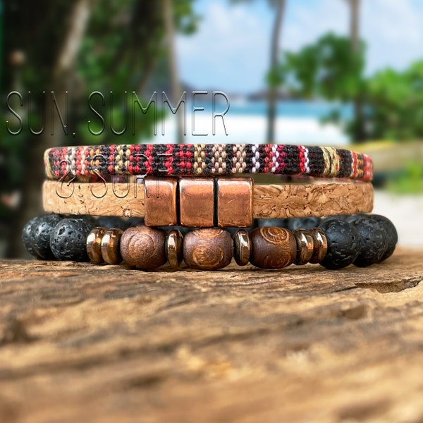 Surfer Bracelet Set of 3 - Mens Beaded Bracelet - Mens Boho Bracelets Set - Cork Bracelet - Hippie Stacking Bracelets - Tribal Jewelry