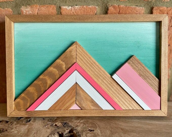 Small Green and Pink Mountain Mosaic Wood Wall Art Geometric Art