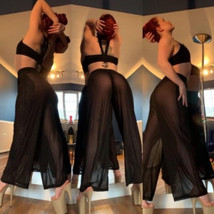 Black Wide Leg Sheer Mesh See Through Exotic Pole Dance Trousers