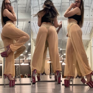 Women See Through Leggings Flare Leg Silky Sheer Transparent Pants Trousers  Stretch