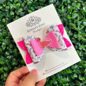 Pink Dinosaur Faux Leather Glitter Hair Bow, Pigtail Set, Animal Hairbow, Jurassic Accessory