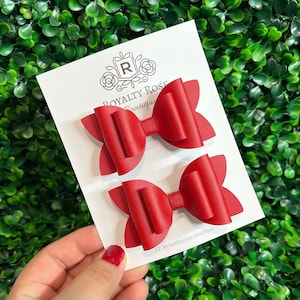 Valentine&#39;s Day Red Faux Leather Hair Bow, 4th of July Bow, Patriotic Red Bow, Christmas Red  Bow, Red pigtails, Stocking stuffers for girls