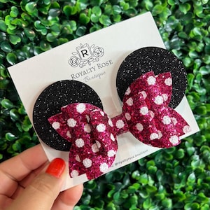 Hot Pink Polka Dot Minnie Bow Ears Clip, Fushia Mouse Ears Clip, Mouse Trip, Pink Minnie Party, Dark Pink Glitter Bow, Mouse Park Ear Clip