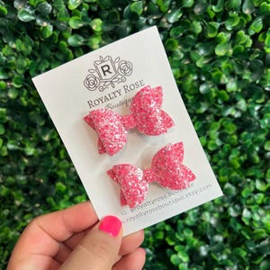 Pink Small Chunky Glitter Hair Bow Pigtails, Pink Glitter Pigtails, Baby Shower gift, Toddler Hair Clips, Baby Girl Glitter Bows, Tiny Bows