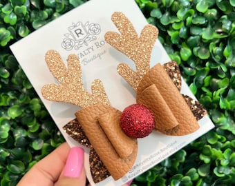 Brown Rudolph Hair Bow, Red Nose Reindeer Accessory, Holiday Glitter Clip, Stocking Stuffers for girls, Antlers Bow