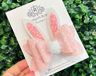 White Glitter Spring Easter Bunny Ears Hair Bow, Pink Rabbit Bows, Rabbit, Easter Basket stuffer gift Ideas, Bunny tail bow