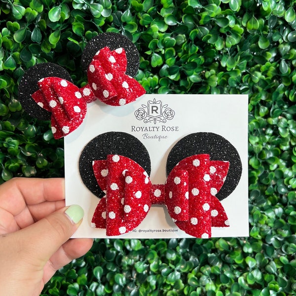 Red Polka Dot Minnie Bow Ears Clip, Red Mouse Ears Clip, Mouse Trip, Red Minnie Party, Red Glitter Bow, Mouse Ear Clip