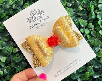 Yellow Princess Glitter Hair Bow,  Red Rose accessory, Belle Inspired Pigtails, enchanted rose bow, gifts for girls