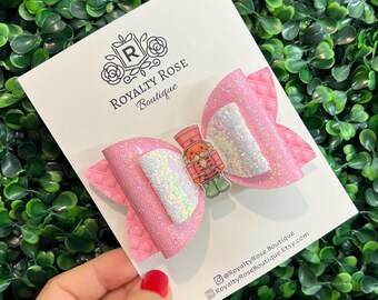 Pink Glitter Nutcracker Toy Soldier Pigtail Hair Bows, Christmas Ballet Glitter Clip, Ballerina Recital Bow, Stocking Stuffers for girls