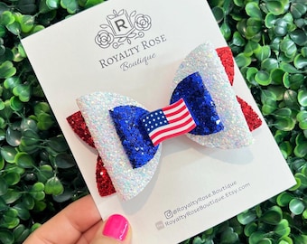 USA Flag Glitter Pigtail Bows: 4th of July Patriotic Hair Accessories