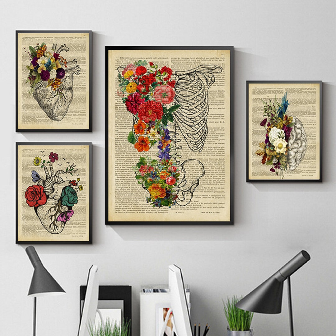 Vintage Anatomy Floral Heart Brain Wall Art Canvas Painting Retro ...