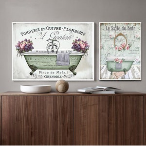 Bathtub Canvas Prints Vintage French Style Shabby Victorian , Watercolor  Floral Bathroom Wall Art Painting Pictures Decoration 
