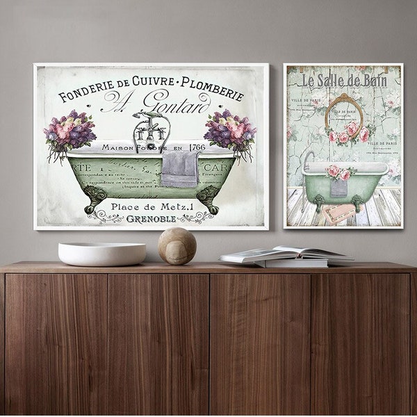 Bathtub Canvas Prints Vintage French Style Shabby Victorian , Watercolor Floral Bathroom Wall Art Painting Pictures Decoration