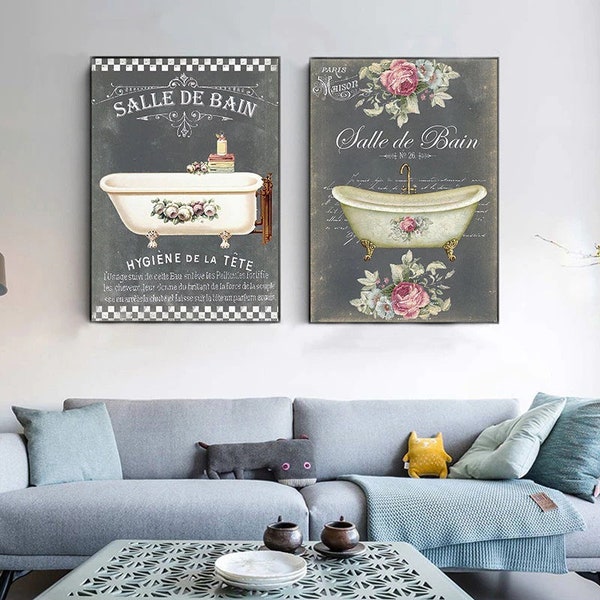 French Bathroom Decoration Paintings Print Vintage Posters Salle de Bain Le Bain Chalkboard Shabby Fine Wall Art Canvas Pictures