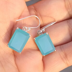Aqua Chalcedony Sterling Silver Earrings: Emerald Cut Dangle
