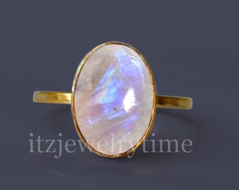 Anel de Pedra da Lua Arco-Íris: Anel Oval Empilhável em Ouro 14K