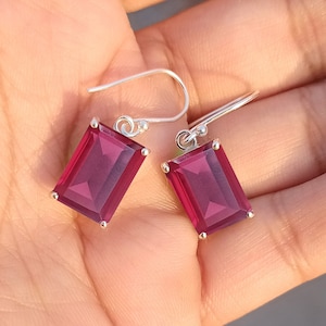 Tourmaline Earring - Pink Stone Earring - Dainty Earring - Sterling Silver Earring - Emerald Cut Stone Earring - Baguette Tourmaline Earring